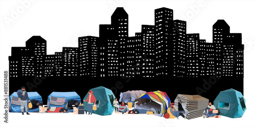 Homeless vector illustration of city skyscrapers background
