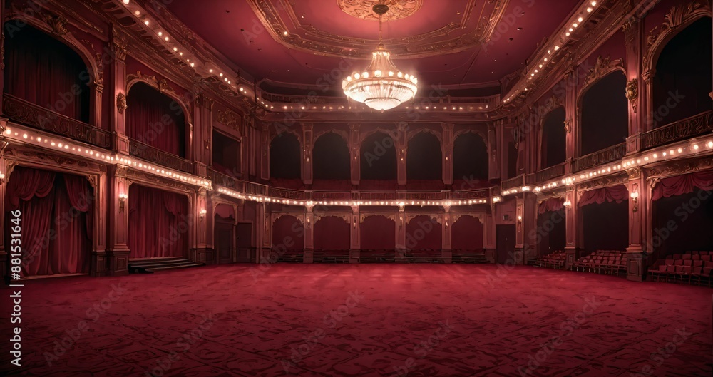 Obraz premium interior of auditorium ballroom in mansion palace hotel castle building. red and gold gothic decor and embellishments lavish decor. chandelier and candle lighting.