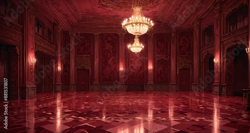 interior of auditorium ballroom in mansion palace hotel castle building. red and gold gothic decor and embellishments lavish decor. chandelier and candle lighting.