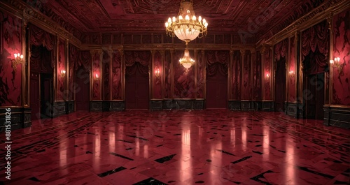 interior of auditorium ballroom in mansion palace hotel castle building. red and gold gothic decor and embellishments lavish decor. chandelier and candle lighting.