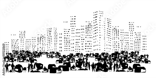 Homeless vector illustration of city skyscrapers background