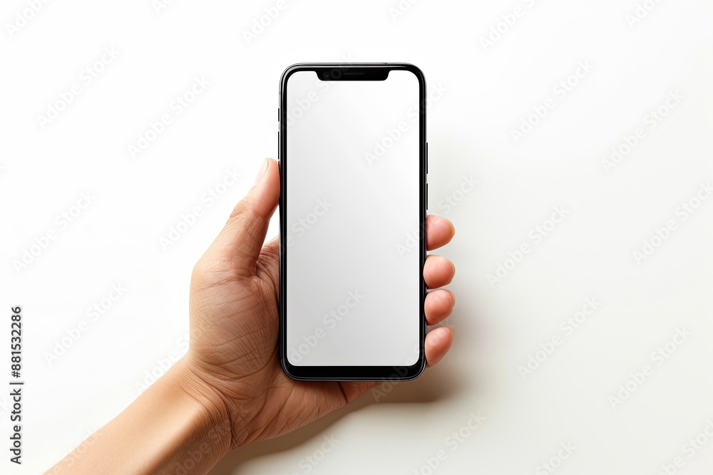 Smartphone mockup on hand with white blank screen created with Generative AI Smartphone mockup on hand with white blank screen created with Generative AI