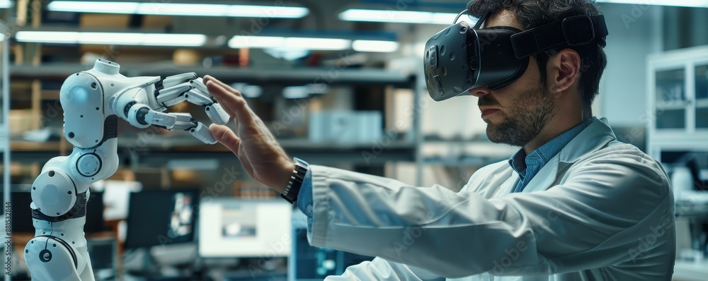 Engineer with VR headset controls an orange robotic arm in a high-tech industrial environment. Engineer with VR headset controls an orange robotic arm in a high-tech industrial environment.