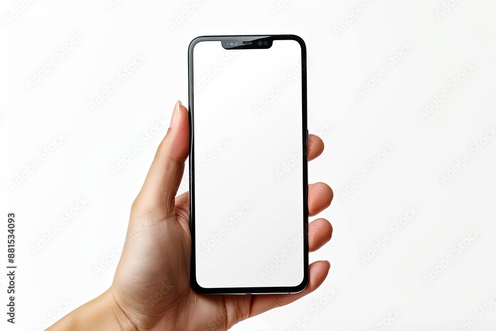 Smartphone mockup on hand with white blank screen created with Generative AI Smartphone mockup on hand with white blank screen created with Generative AI