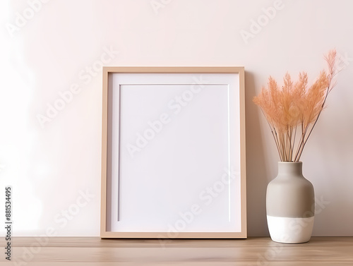Minimalist framed picture with rustic vase on wooden table in a cozy, light-filled room