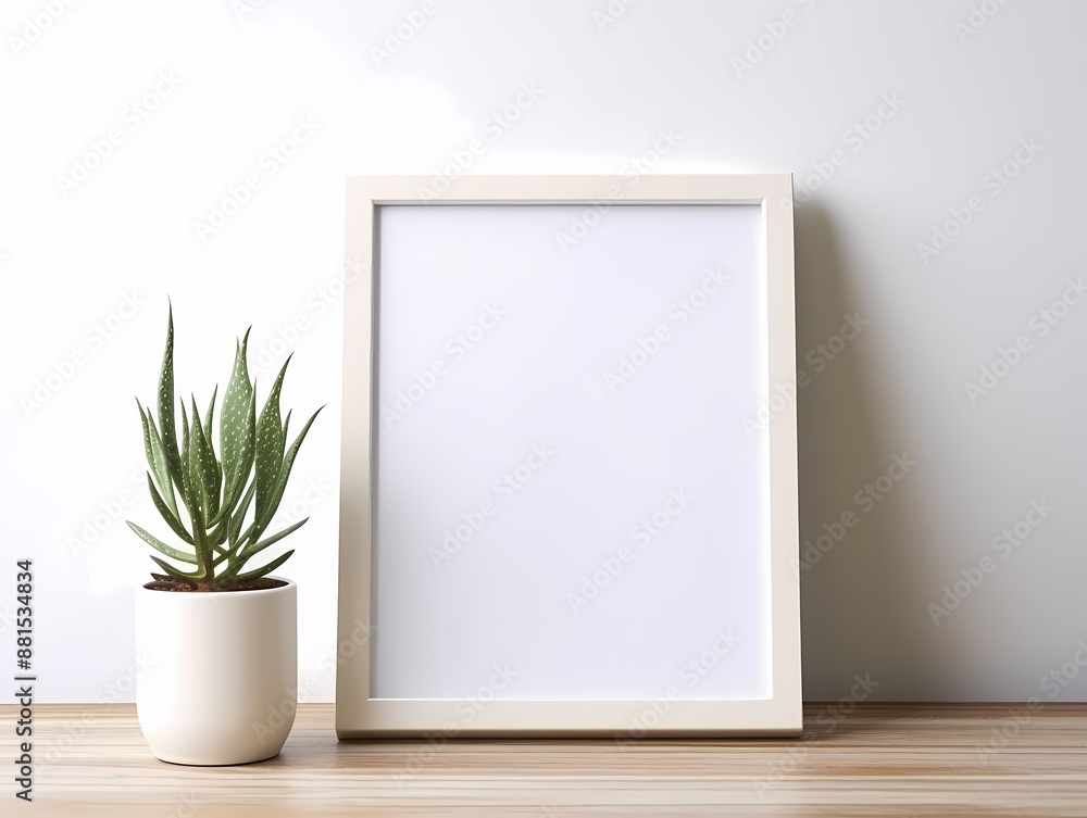 Minimalist workspace with a blank picture frame and potted aloe plant on a wooden desk. Minimalist workspace with a blank picture frame and potted aloe plant on a wooden desk.