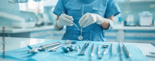 Dental tools laid out on a table, a dentist in scrubs prepares for a procedure.