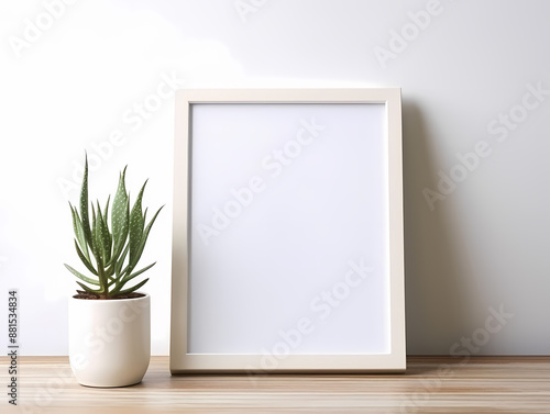 Minimalist workspace with a blank picture frame and potted aloe plant on a wooden desk.