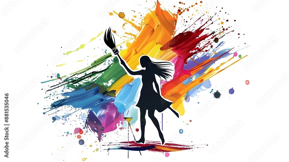 Naklejka premium Joyful Abstract Silhouette Leaping Through Vibrant Paint Splashes