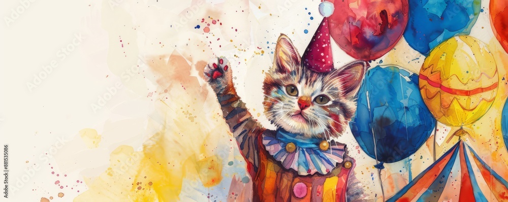 Whimsical watercolor painting of a cat dressed in a clown costume, holding balloons at a vibrant circus scene with colorful splashes. Whimsical watercolor painting of a cat dressed in a clown costume, holding balloons at a vibrant circus scene with colorful splashes.