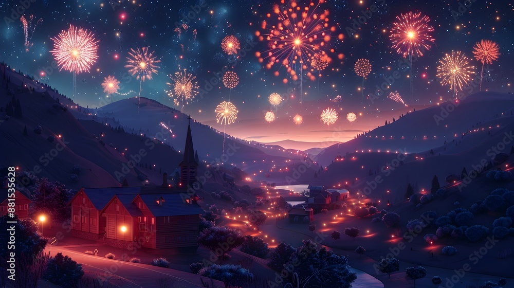 Magnificent Firework Display Lighting Up a Tranquil Rural Town on a Moonlit Night Magnificent Firework Display Lighting Up a Tranquil Rural Town on a Moonlit Night