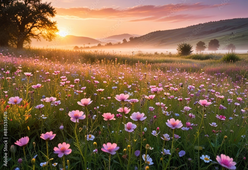a serene sunrise over a wildflower meadow, with a soft focus on the dew-covered pink flowers in the foreground a serene sunrise over a wildflower meadow, with a soft focus on the dew-covered pink flowers in the foreground