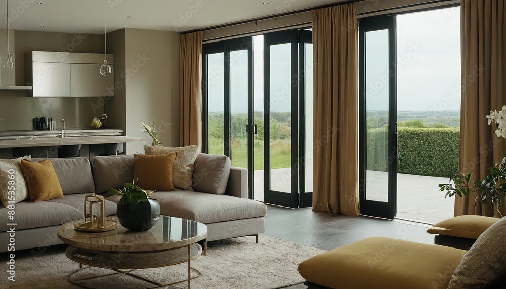 Fototapeta premium Wide angle shot of large modern black aluminum sliding doors with windows on each side.