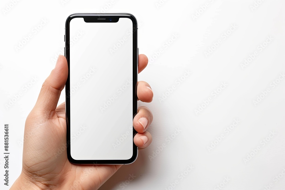 Smartphone mockup on hand with white blank screen created with Generative AI Smartphone mockup on hand with white blank screen created with Generative AI