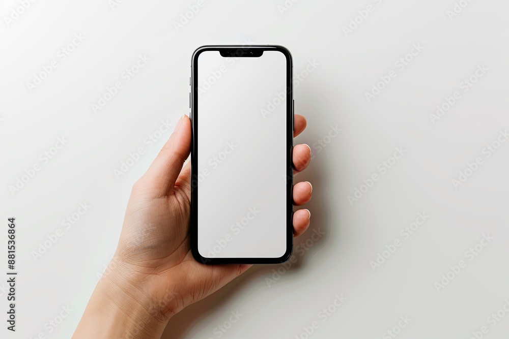 Smartphone mockup on hand with white blank screen created with Generative AI