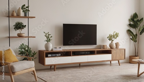 Mockup of a TV wall mounted with an armchair in the living room with a white wall design.185