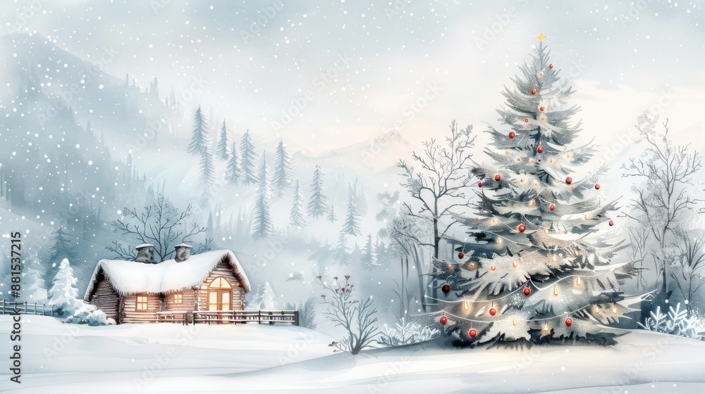 Winter wonderland with snowy cabin and decorated Christmas tree, capturing cozy holiday charm and serene mountain landscape. Winter wonderland with snowy cabin and decorated Christmas tree, capturing cozy holiday charm and serene mountain landscape.