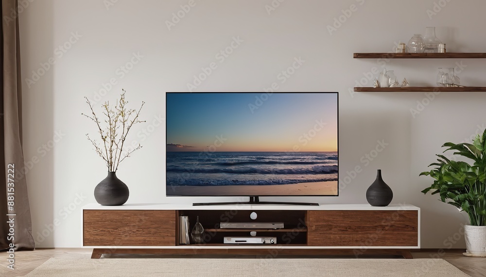 Mockup of a TV wall mounted with an armchair in the living room with a white wall design.185 Mockup of a TV wall mounted with an armchair in the living room with a white wall design.185