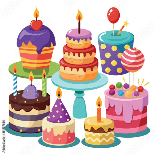 a few variations are illustrated on a white background with a birthday cake