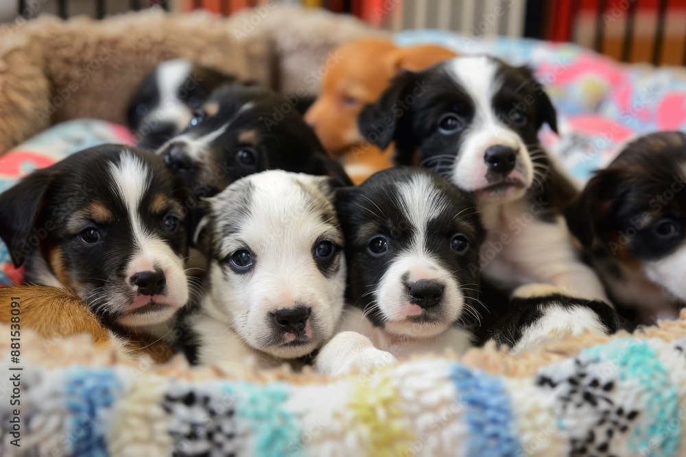 Adorable Group of Puppies Huddle Together in a Cozy Blanket Nest Adorable Group of Puppies Huddle Together in a Cozy Blanket Nest