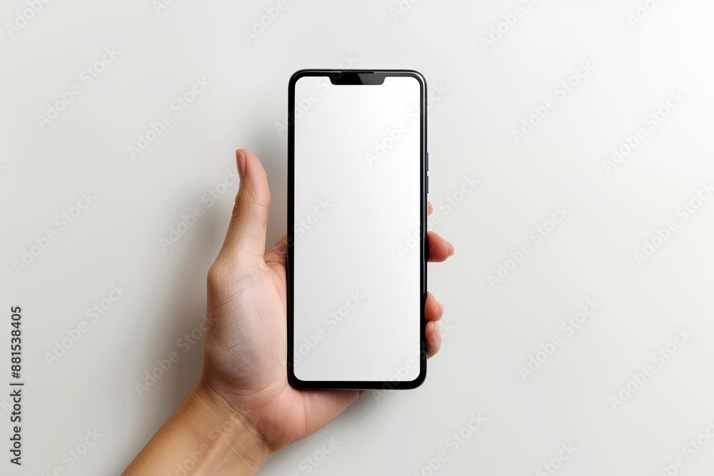 Smartphone mockup on hand with white blank screen created with Generative AI Smartphone mockup on hand with white blank screen created with Generative AI