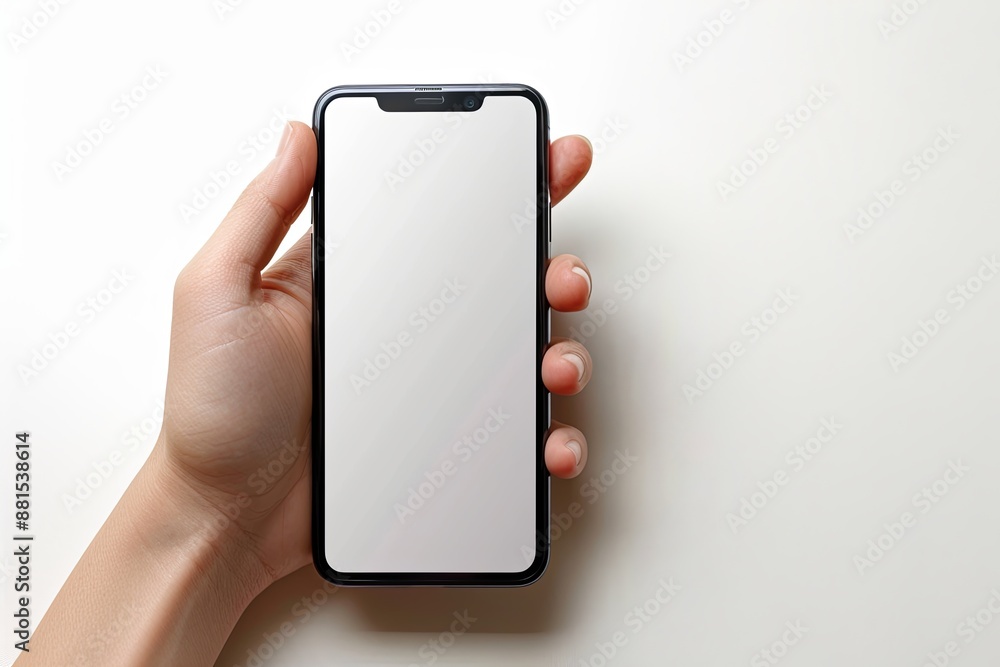 Smartphone mockup on hand with white blank screen created with Generative AI Smartphone mockup on hand with white blank screen created with Generative AI