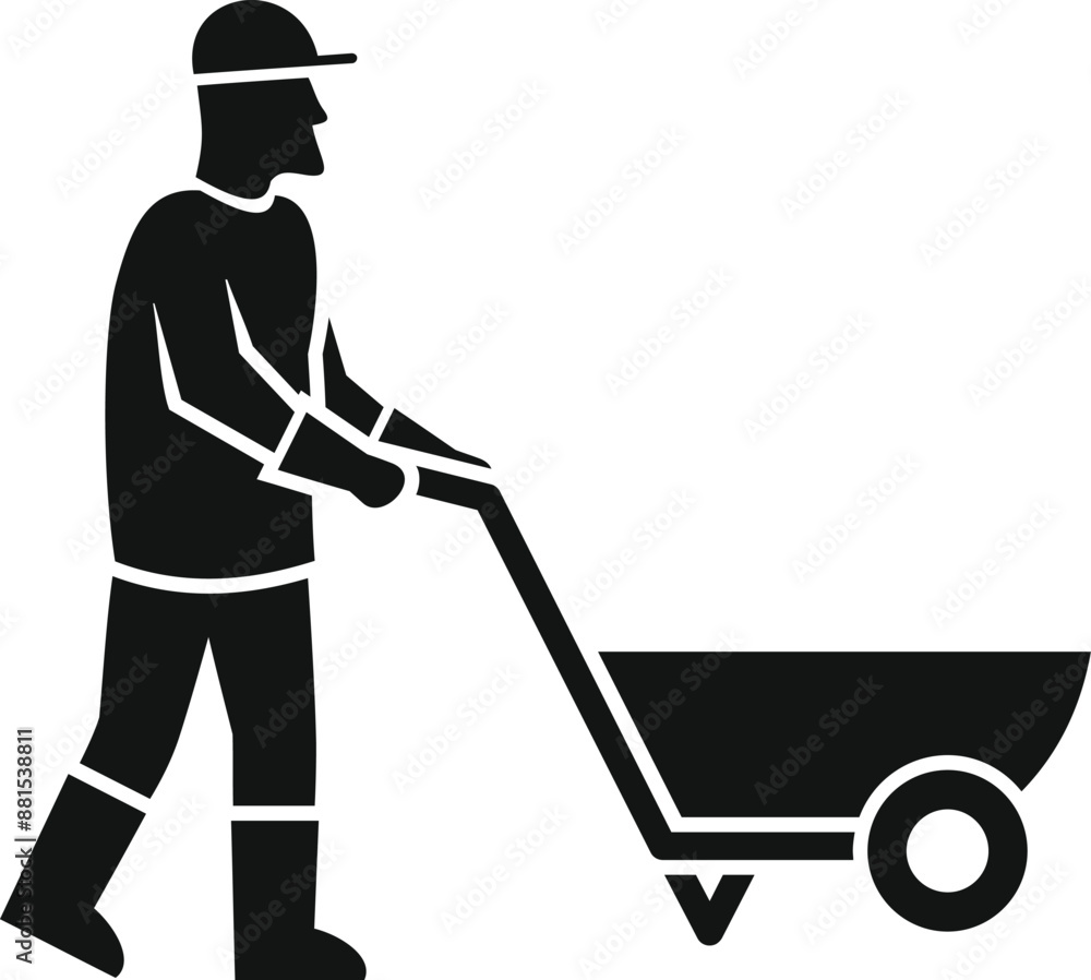 Construction site worker wearing boots and gloves is pushing an empty wheelbarrow Construction site worker wearing boots and gloves is pushing an empty wheelbarrow