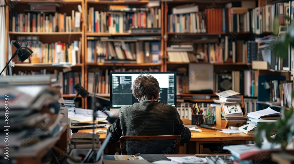 A Person Sitting at a Desk in a Home Office - A person sits at a desk working on a computer, surrounded by bookshelves and papers, suggesting a home office setting - A person sits at a desk working on A Person Sitting at a Desk in a Home Office - A person sits at a desk working on a computer, surrounded by bookshelves and papers, suggesting a home office setting - A person sits at a desk working on