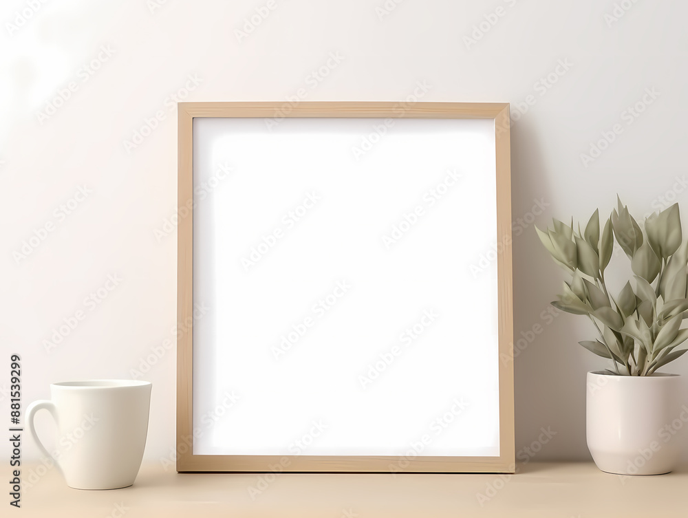 Minimalist home decor with blank wooden frame, white mug, and green potted plant on a light wood surface. Minimalist home decor with blank wooden frame, white mug, and green potted plant on a light wood surface.