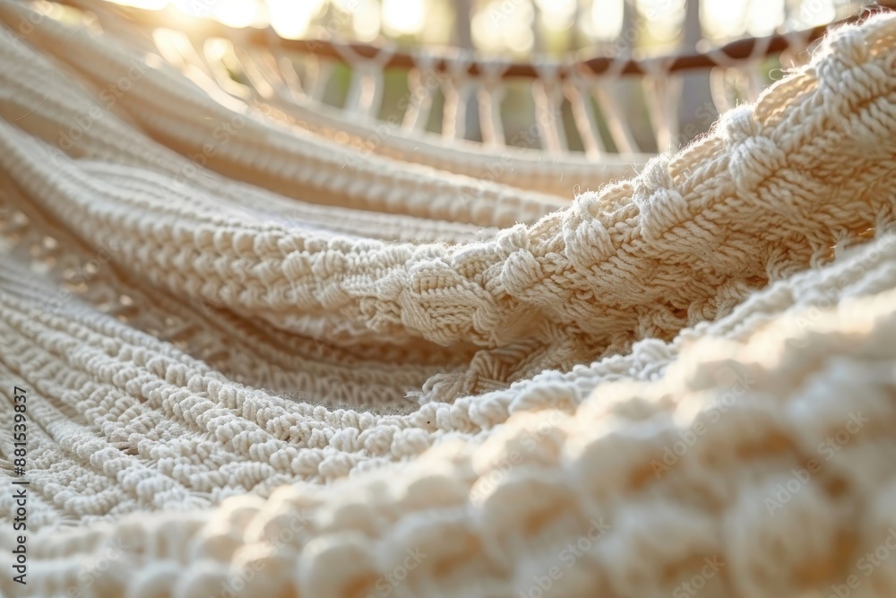 Highlights the craftsmanship and natural beauty of a hand-woven hammock. Highlights the craftsmanship and natural beauty of a hand-woven hammock.