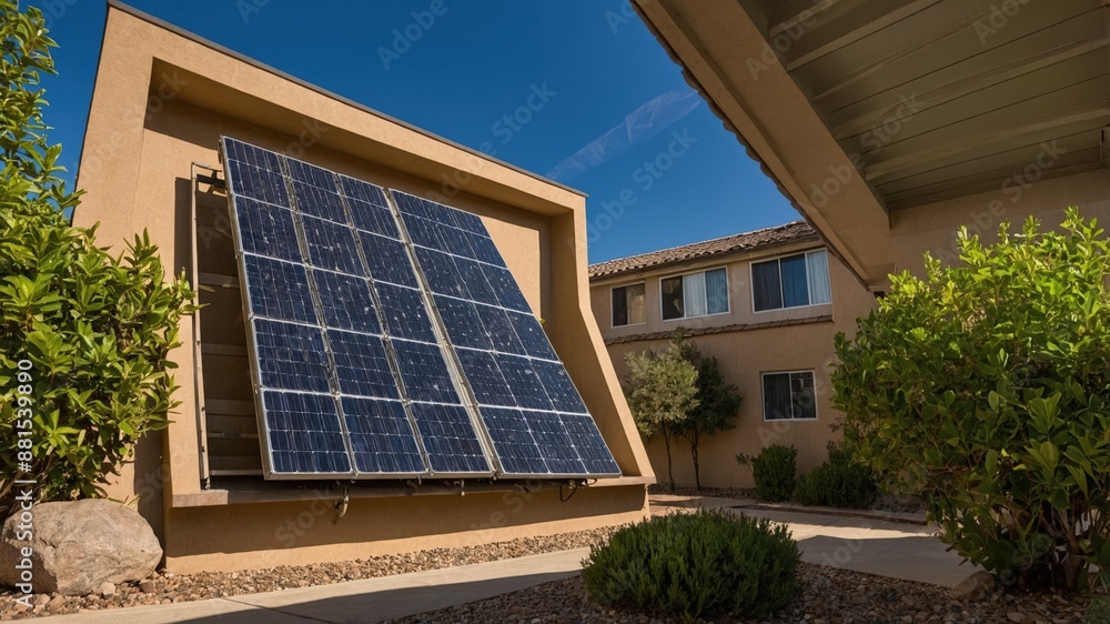 Fototapeta premium Solar panels installed on a residential building in a sunny courtyard, surrounded by shrubs and modern architecture, showcasing renewable energy. 