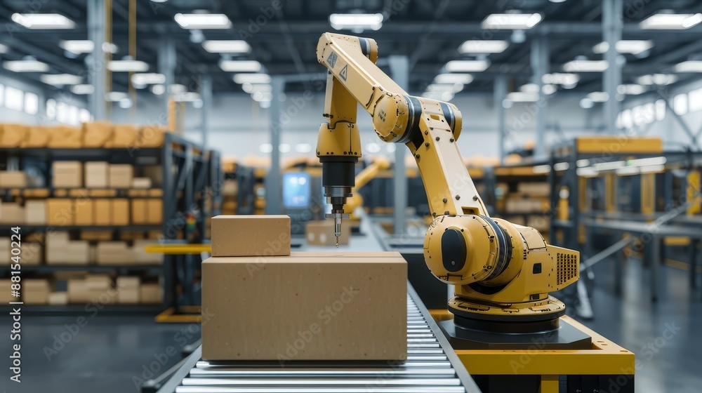 Automated Warehouse with Robot Arm Packaging - A yellow robotic arm packages boxes on a conveyor belt in an automated warehouse, showcasing the advancement in modern industry. - A yellow robotic arm p Automated Warehouse with Robot Arm Packaging - A yellow robotic arm packages boxes on a conveyor belt in an automated warehouse, showcasing the advancement in modern industry. - A yellow robotic arm p