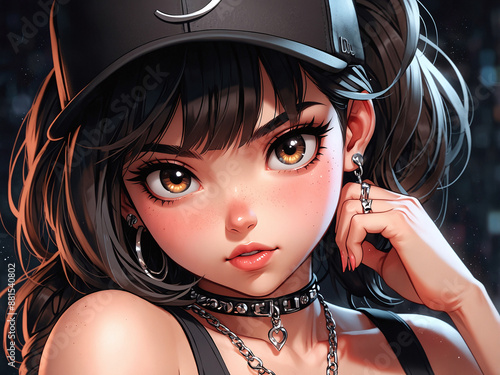 Portrait of a girl in hip hop clothes. 3d illustration of an anime style character.