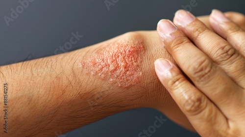 Hand with psoriasis or itchy rash patch, showing inflamed and scaly skin.