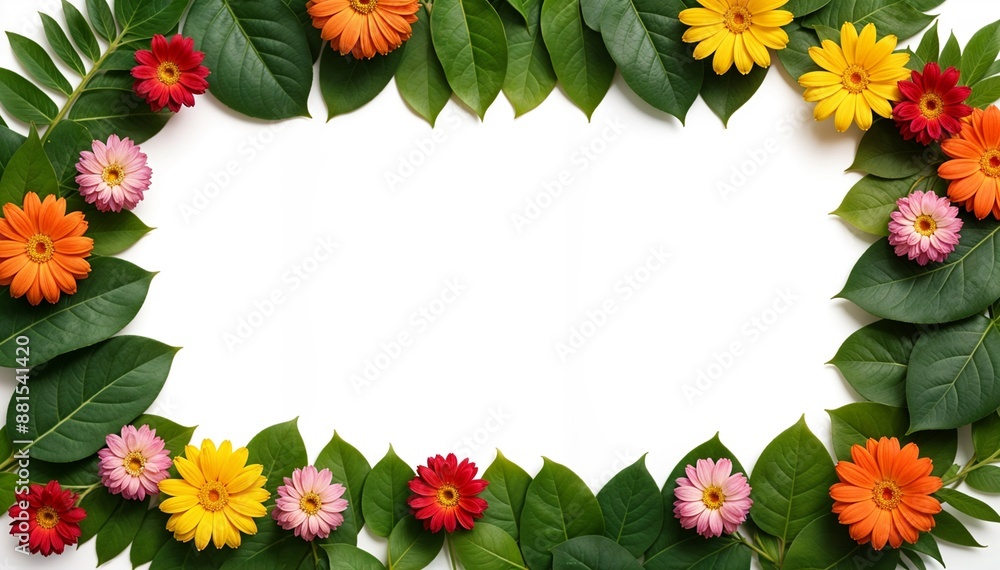 Obraz premium Natural frame of flowers and green leaves arranged with white copy space in middle