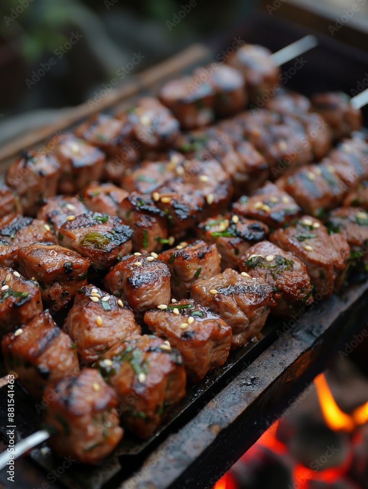 Juicy meat skewers grilling on a barbecue, seasoned to perfection and ready to enjoy, ideal for summer barbecues and outdoor parties. Juicy meat skewers grilling on a barbecue, seasoned to perfection and ready to enjoy, ideal for summer barbecues and outdoor parties.