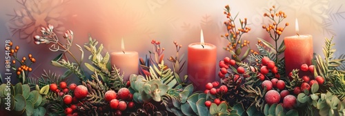 Christmas Candles with Festive Decorations - Three burning candles surrounded by red berries, green leaves, and other festive decorations. It's a beautiful and warm representation of the Christmas sea photo