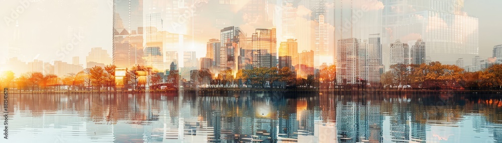 Naklejka premium Cityscape Reflections - A breathtaking view of a modern cityscape reflected in the tranquil waters of a lake. The buildings stand tall and proud, their reflections creating a mesmerizing double image 