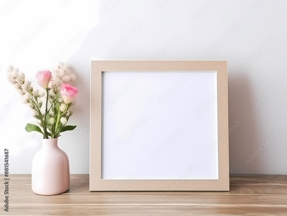 Minimalist wooden frame next to a vase of flowers on a wooden table against a white background. Minimalist wooden frame next to a vase of flowers on a wooden table against a white background.