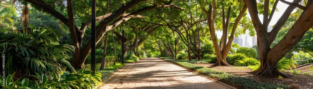 A peaceful walkway shaded by lush green trees in a park, with sunlight filtering through the leaves, creating a serene and tranquil ambiance. A peaceful walkway shaded by lush green trees in a park, with sunlight filtering through the leaves, creating a serene and tranquil ambiance.