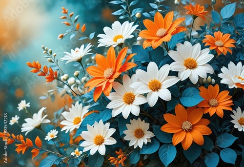 abstract floral composition with bright orange and white flowers, complemented by soft blue and teal foliage against a warm background