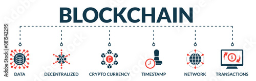 Banner of blockchain web vector illustration concept with icons of data, decentralized, crypto currency, timestamp, network, transactions