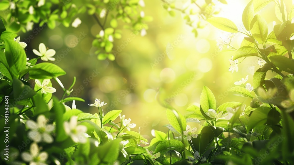 Springtime Green Leaves and White Flowers with Sun Rays Springtime Green Leaves and White Flowers with Sun Rays