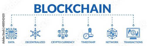 Banner of blockchain web vector illustration concept with icons of data, decentralized, crypto currency, timestamp, network, transactions
