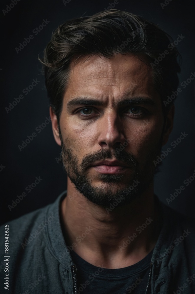 Intense close-up portrait of a man with a serious expression, set against a dark background with dramatic lighting.
Intense close-up portrait of a man with a serious expression, set against a dark background with dramatic lighting.