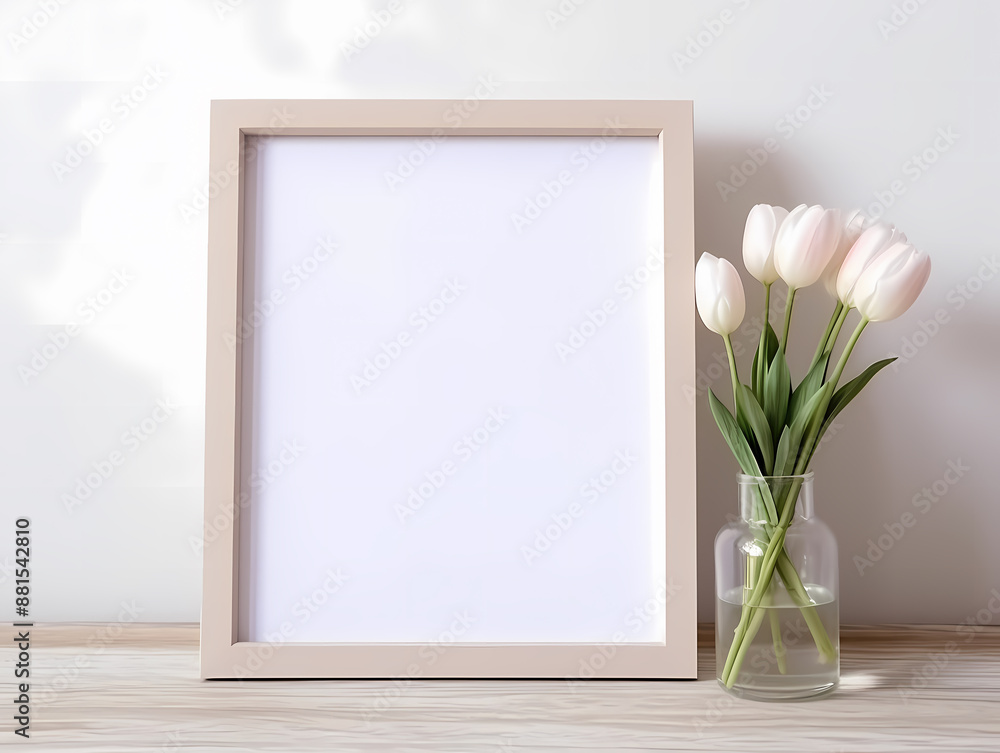 Minimalist blank frame with tulips in glass vase on wooden table, perfect for home decor and creative projects. Minimalist blank frame with tulips in glass vase on wooden table, perfect for home decor and creative projects.