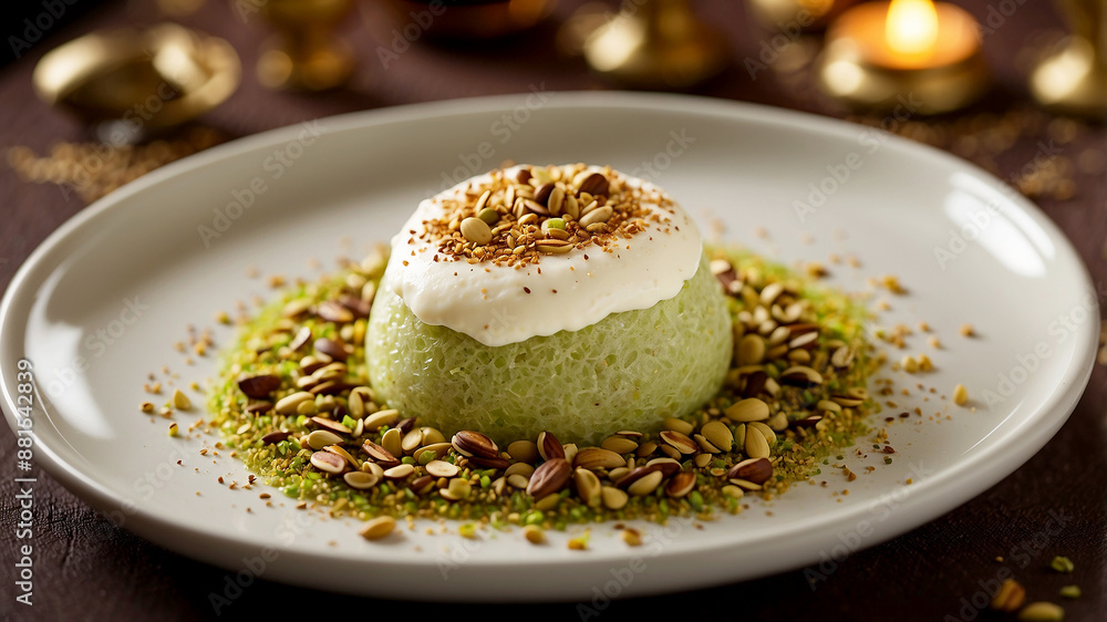 Garnished Delight Show a beautifully plated Künefe, garnished with a sprinkle of crushed pistachios and a dollop of clotted cream Garnished Delight Show a beautifully plated Künefe, garnished with a sprinkle of crushed pistachios and a dollop of clotted cream