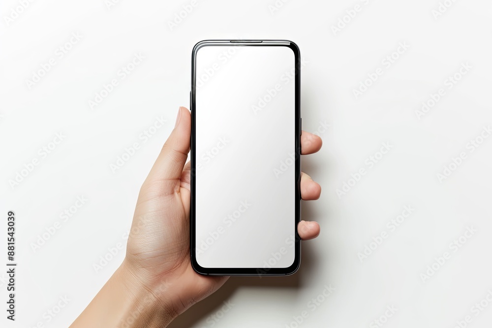 Smartphone mockup on hand with white blank screen created with Generative AI Smartphone mockup on hand with white blank screen created with Generative AI
