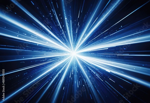 abstract representation of digital acceleration with intense blue and white light beams radiating from the center against a deep blue backdrop, symbolizing rapid movement through cyberspace