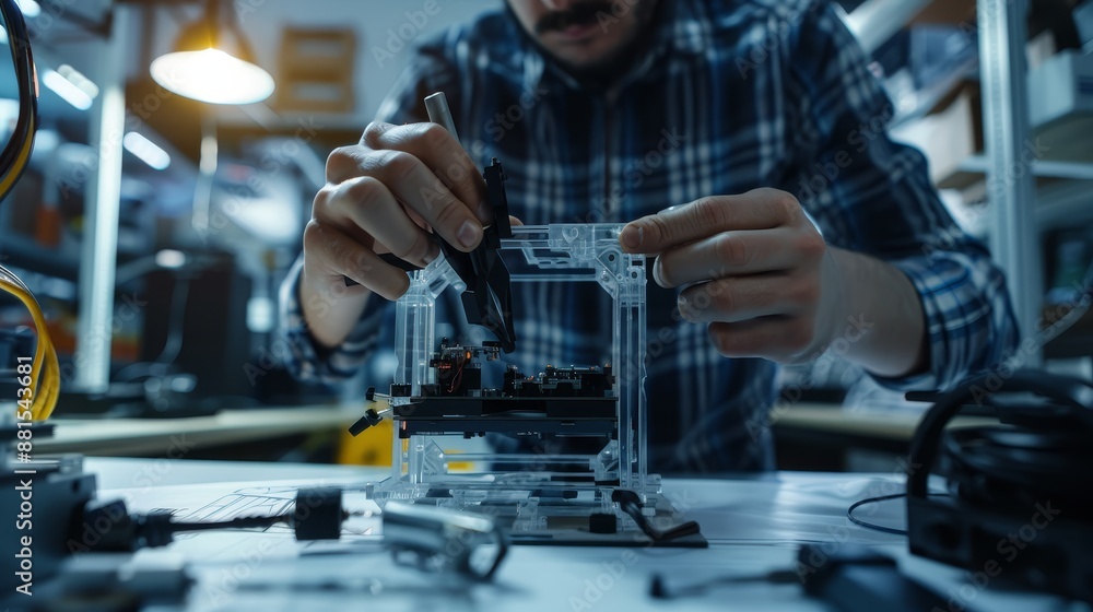 Electronics Engineer Assembling Device - A man working on assembling a new electronics device. - A man working on assembling a new electronics device. Electronics Engineer Assembling Device - A man working on assembling a new electronics device. - A man working on assembling a new electronics device.